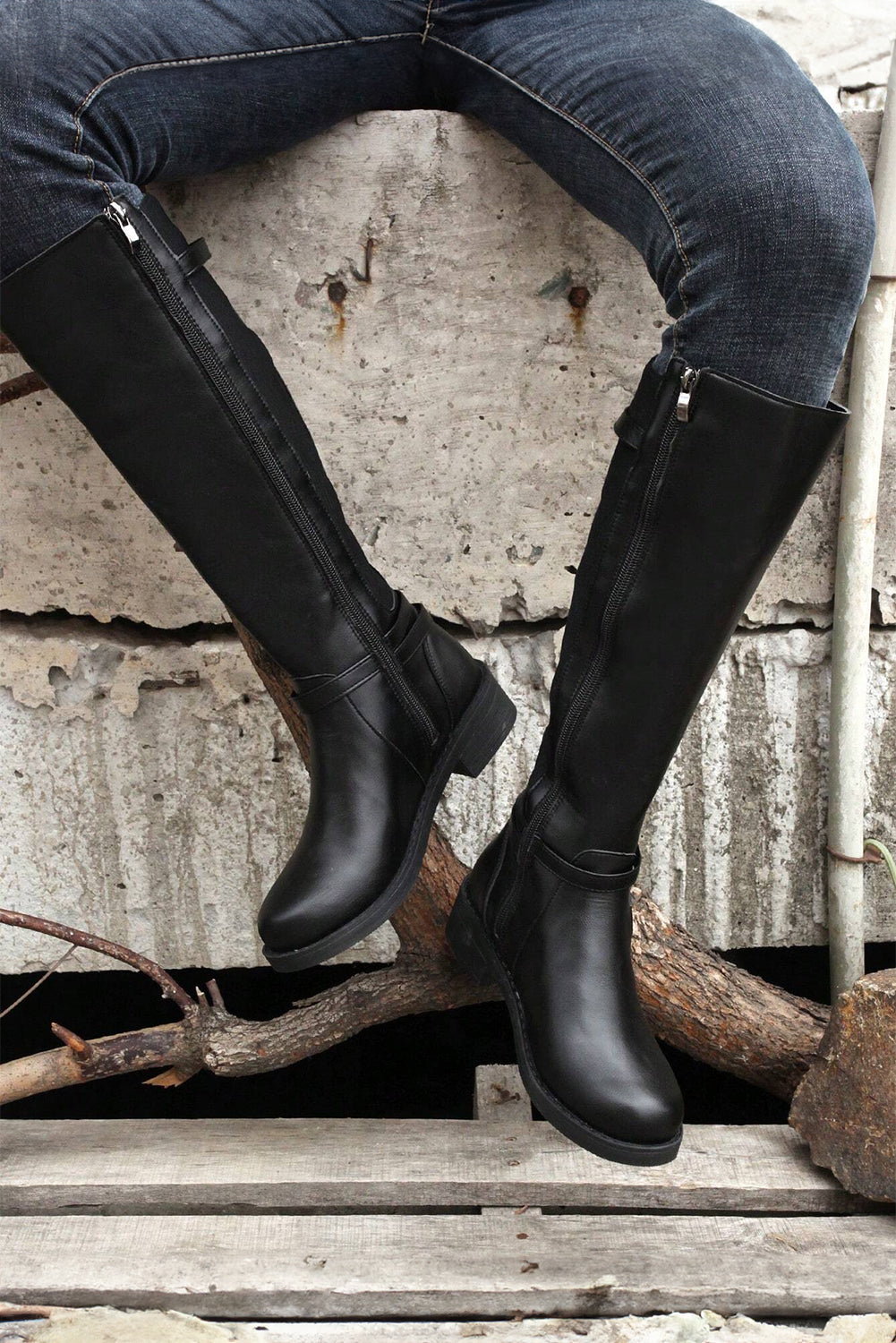 Black Side Zipper Knee High Chunky Low Heel Boots-Bella Boutique Collective
