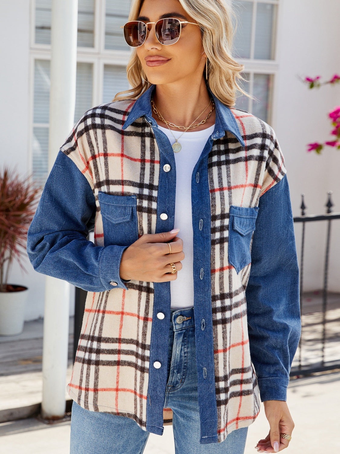 Plaid Long Sleeve Denim Jacket-Bella Boutique Collective