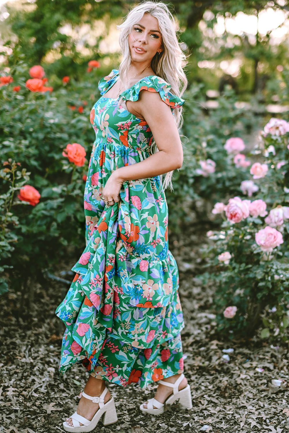 Green Floral Print Sleeveless Ruffle Tiered Maxi Dress-Bella Boutique Collective