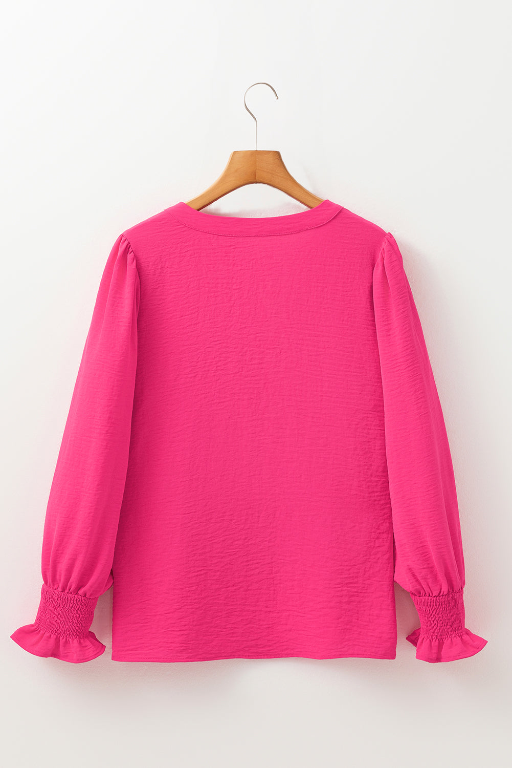 Rose Red Solid Color Shirred Cuff Notch V Neck Blouse-Bella Boutique Collective