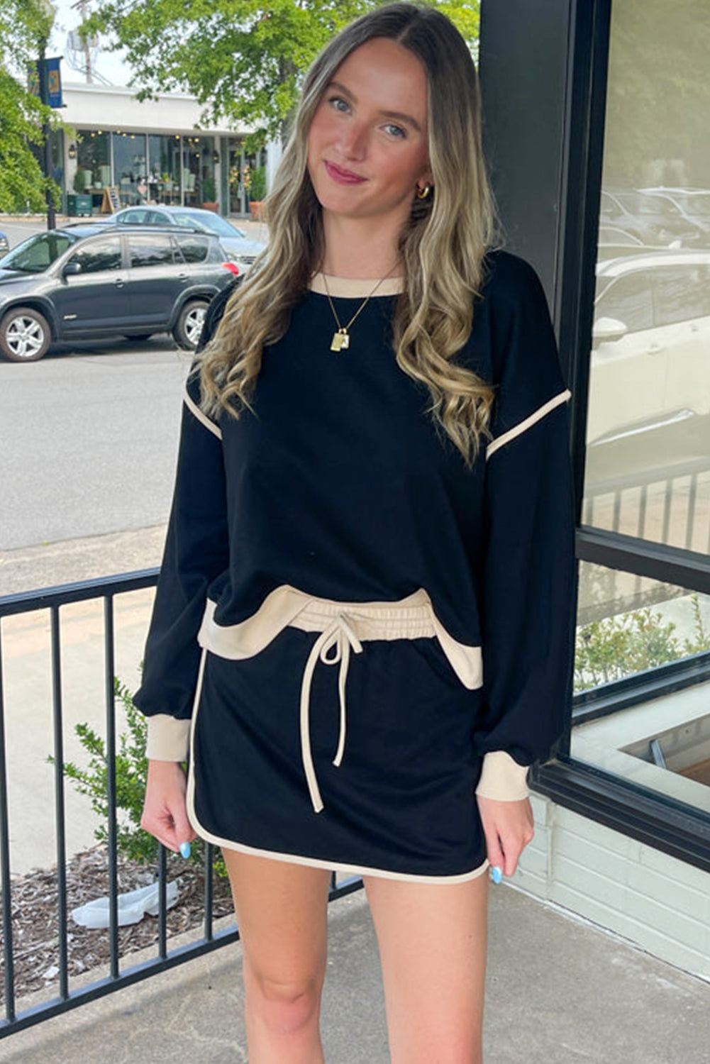 Black Color Contrast Loose Pullover and Lace-up Waist Skort Set-Bella Boutique Collective