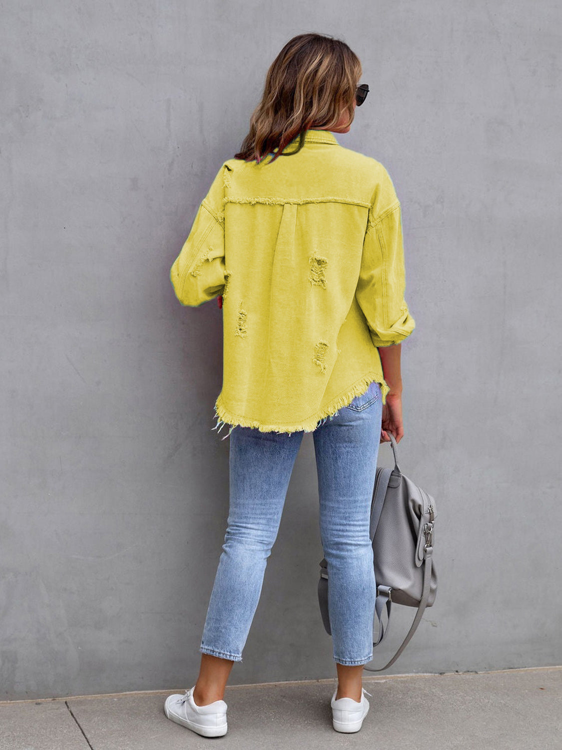 Distressed Drop Shoulder Denim Jacket-Bella Boutique Collective