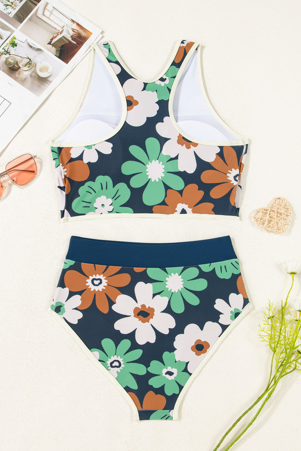Blue Flower Zip up Racerback High Waisted Bikini-Bella Boutique Collective