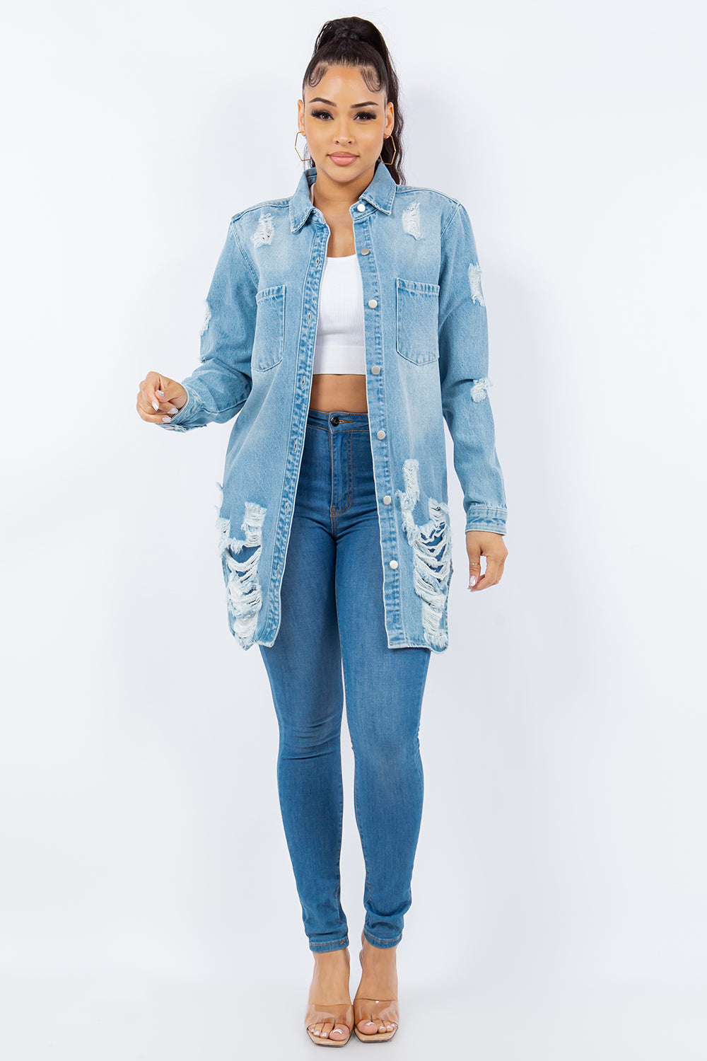 American Bazi Distressed Button Up Long Sleeve Denim Jacket-Bella Boutique Collective