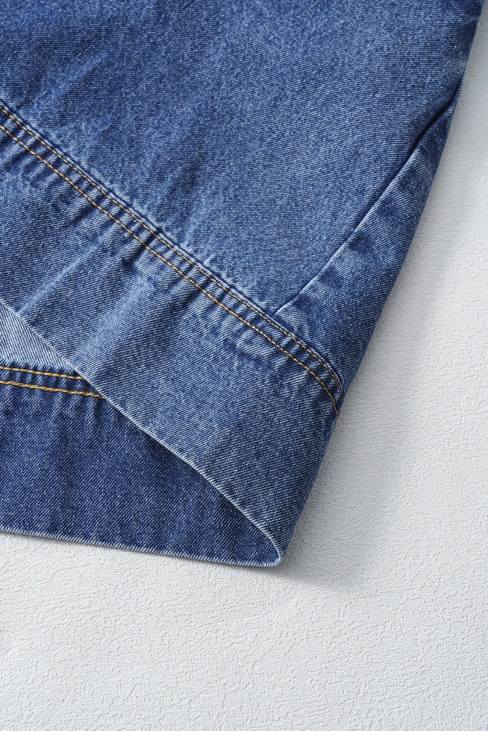 Blue Short Sleeve Collared Patched Pocket Denim Mini Dress-Bella Boutique Collective