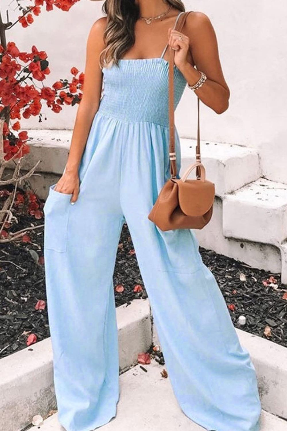 Smocked Spaghetti Strap Wide Leg Jumpsuit-Bella Boutique Collective
