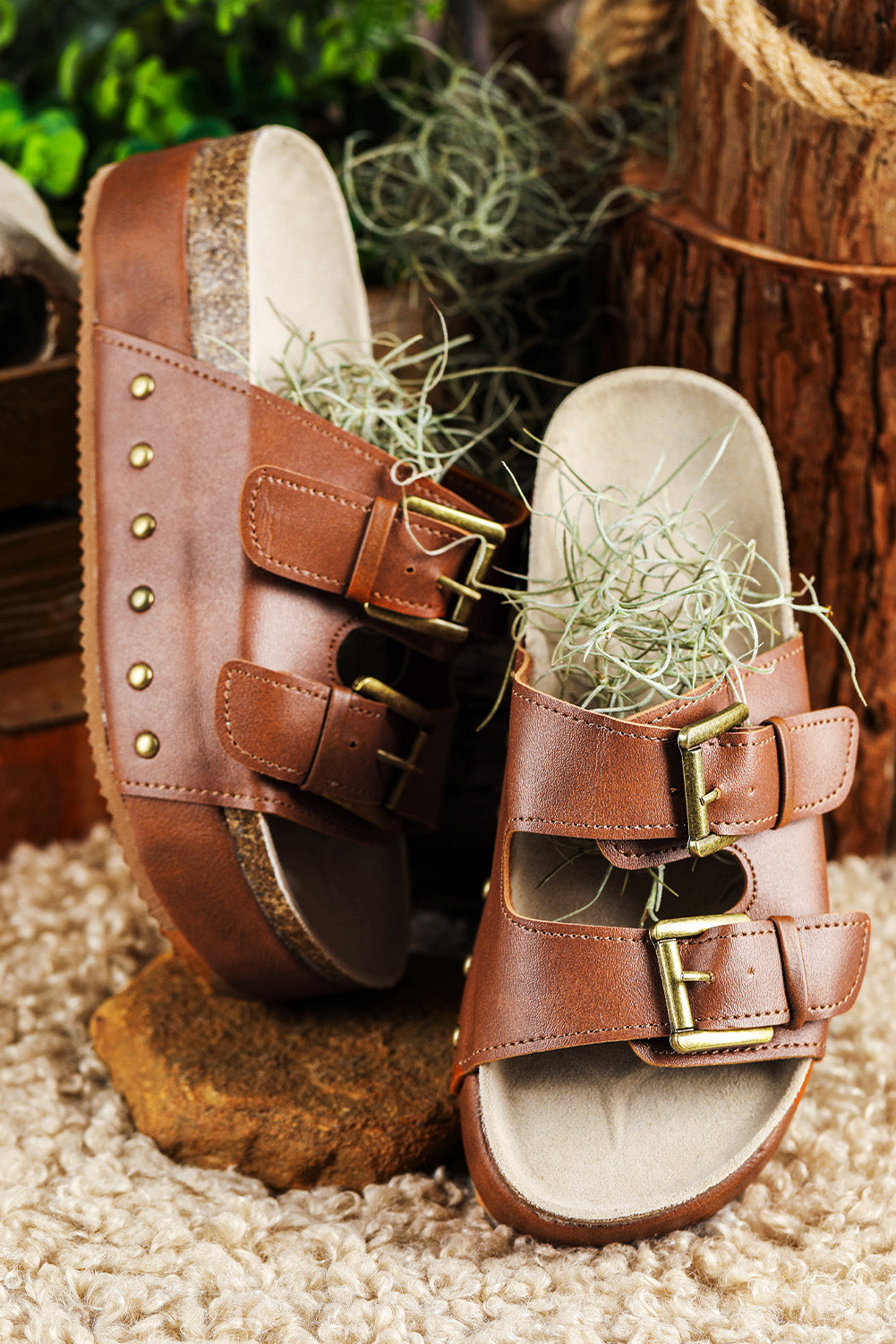 Chestnut Dual Buckle Studded Platform Sandal Slippers-Bella Boutique Collective
