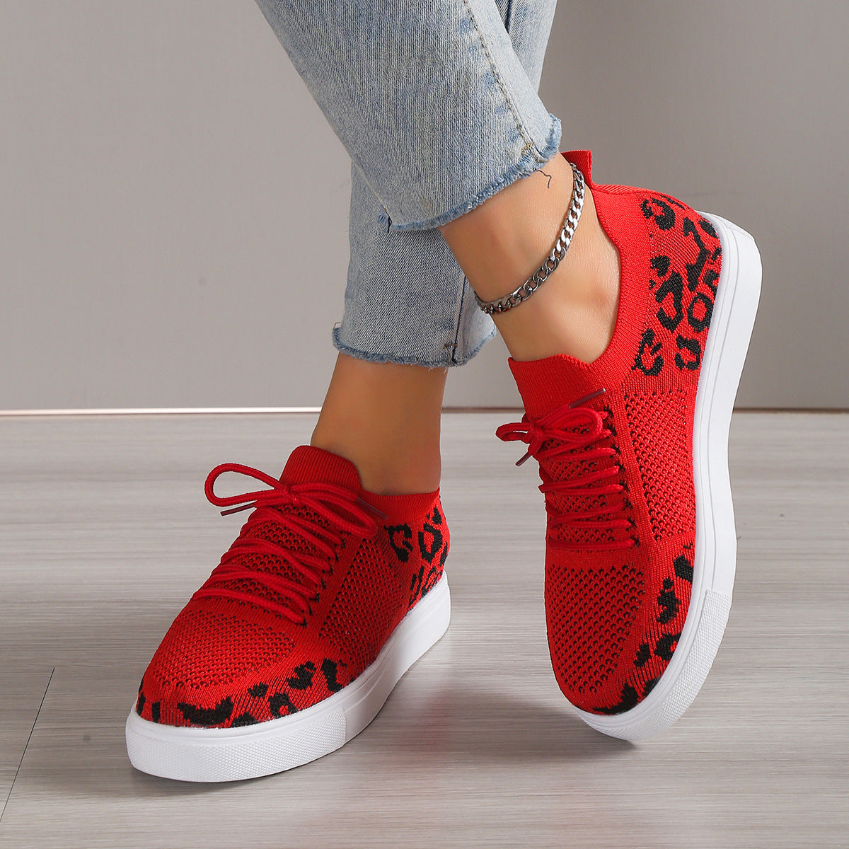 Lace-Up Leopard Flat Sneakers-Bella Boutique Collective