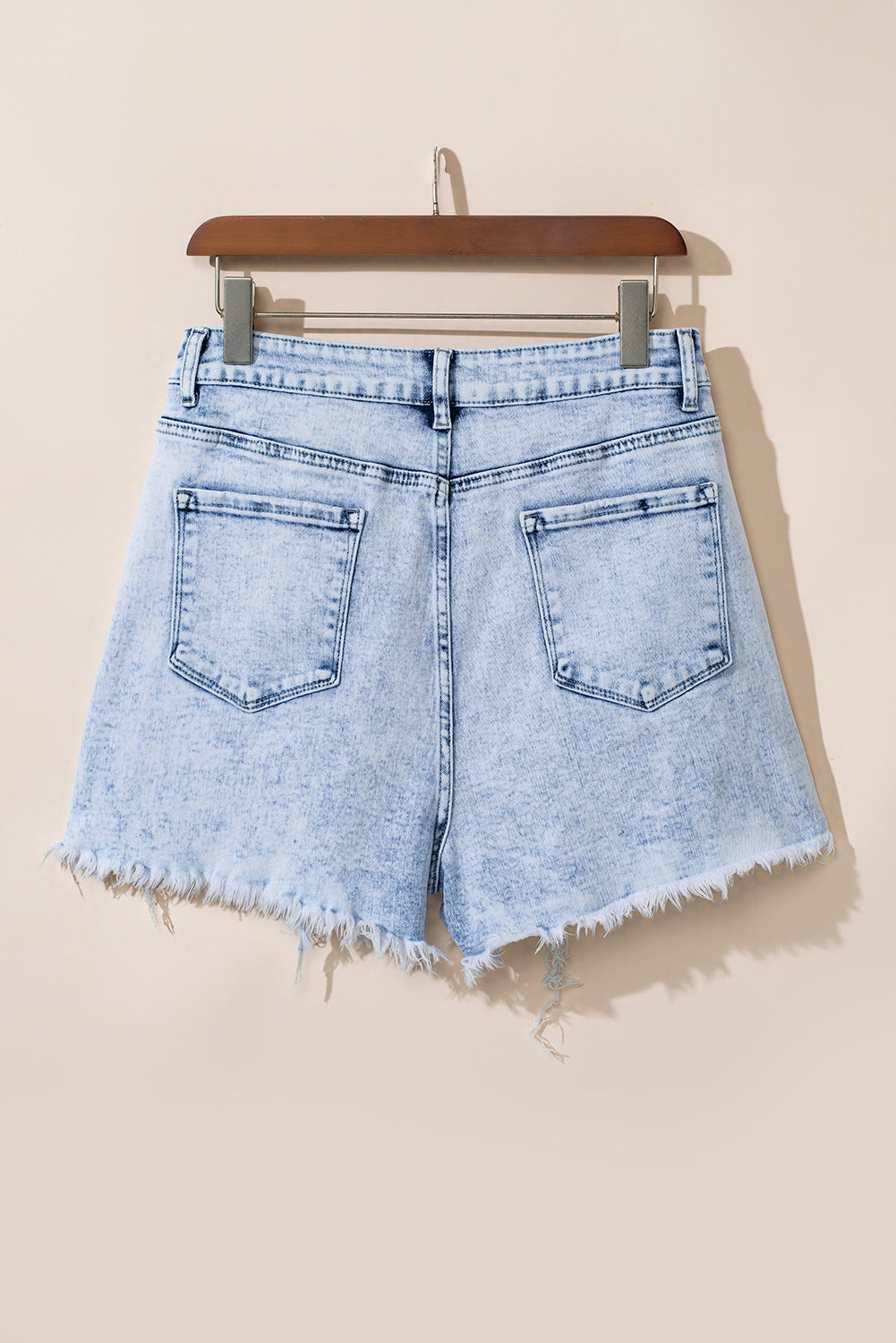 Light Blue Acid Wash Crossed Raw Edge Denim Shorts-Bella Boutique Collective