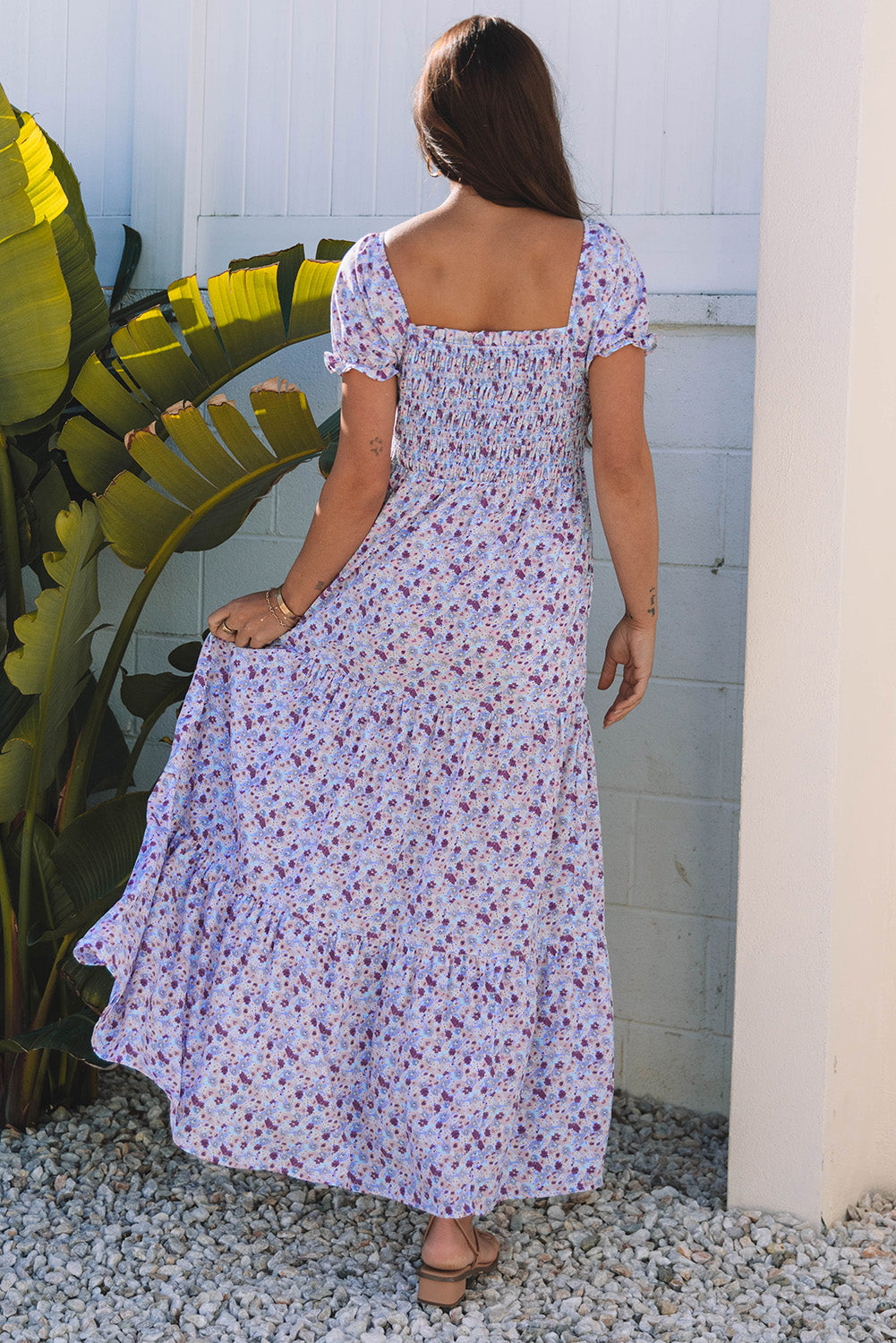 Purple Floral Short Bubble Sleeve Shirred High Waist Maxi Dress-Bella Boutique Collective