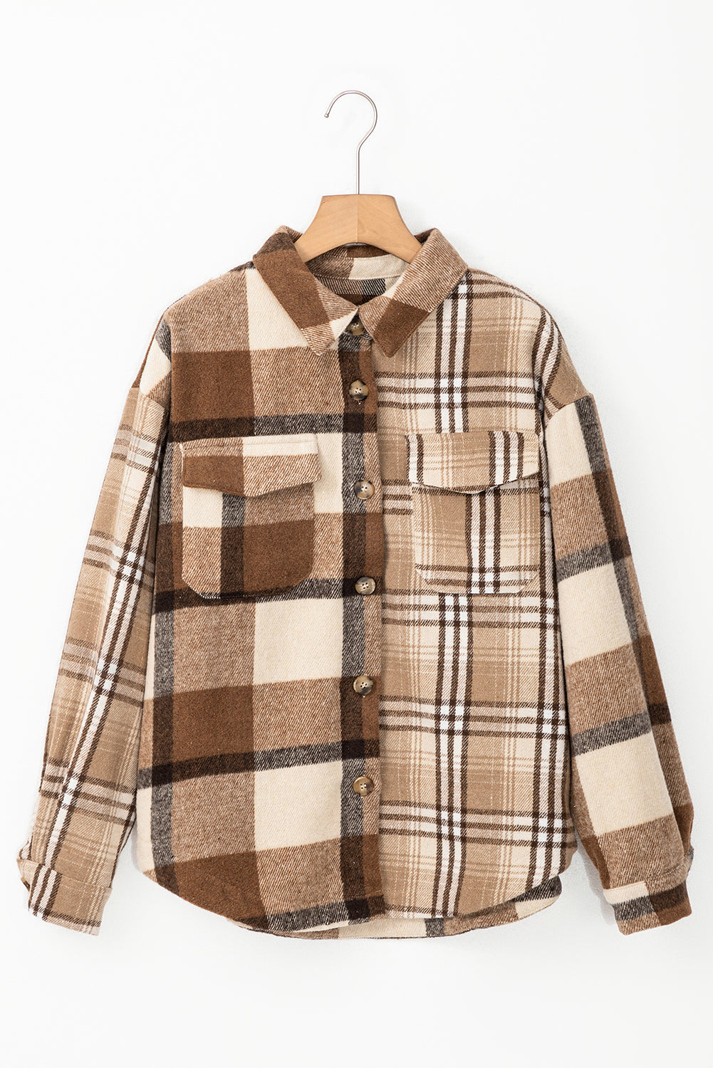 Light French Beige Flannel Plaid Double Flap Pocket Shacket-Bella Boutique Collective
