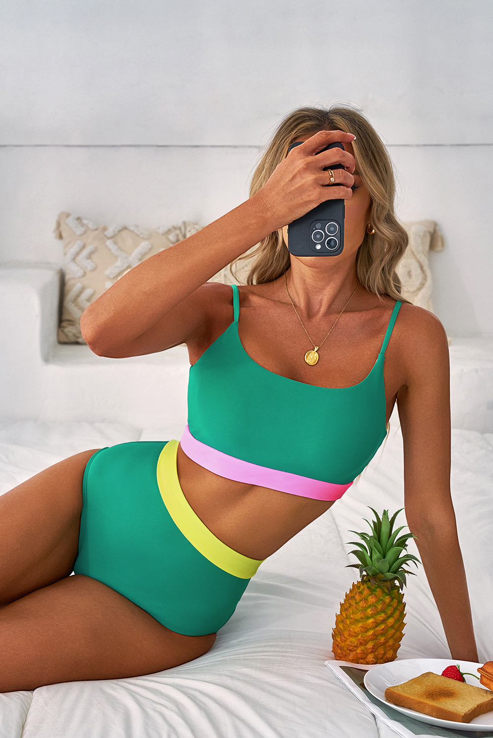 Sea Green Contrast Trim Colorblock Patchwork High Waisted Bikini-Bella Boutique Collective