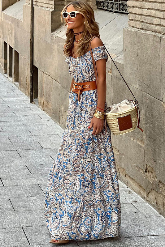 Blue Boho Paisley Print Off Shoulder Maxi Dress-Bella Boutique Collective