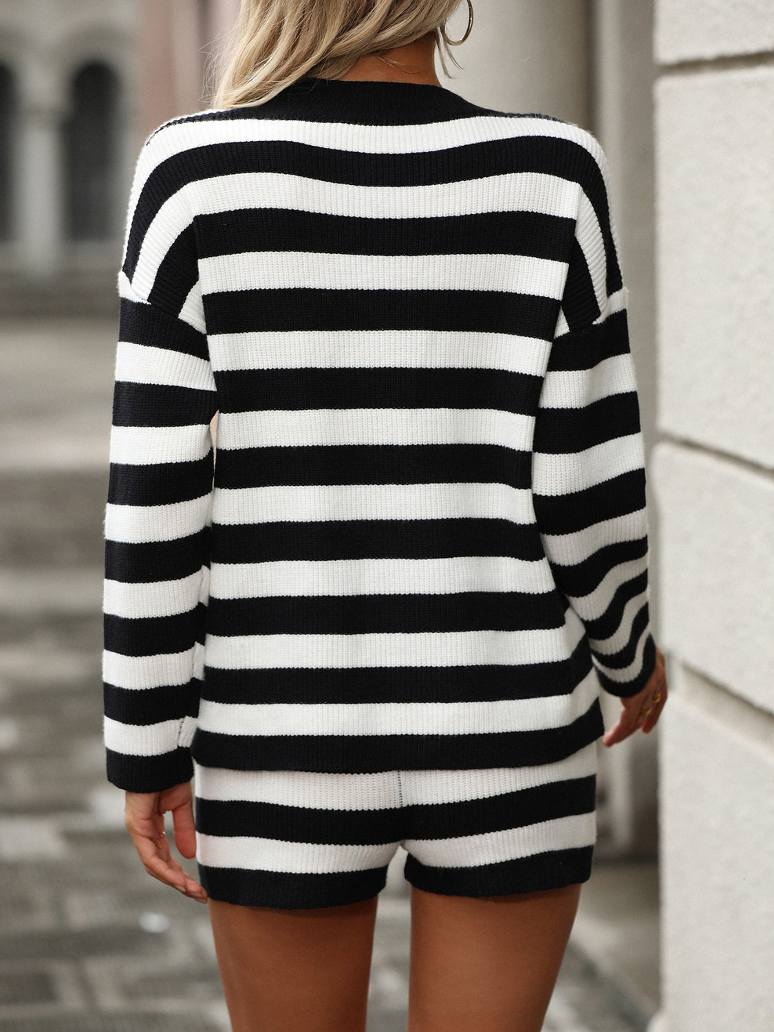 Striped Round Neck Top and Shorts Sweater Set-Bella Boutique Collective