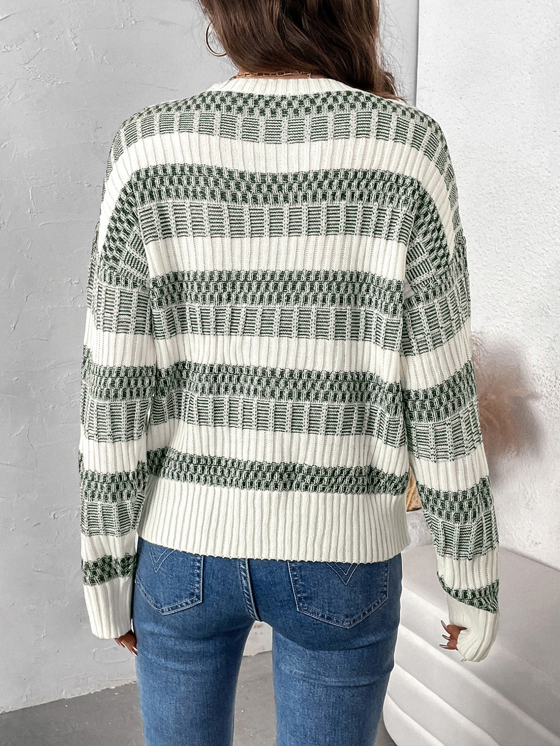 Perfee Contrast Round Neck Long Sleeve Sweater-Bella Boutique Collective