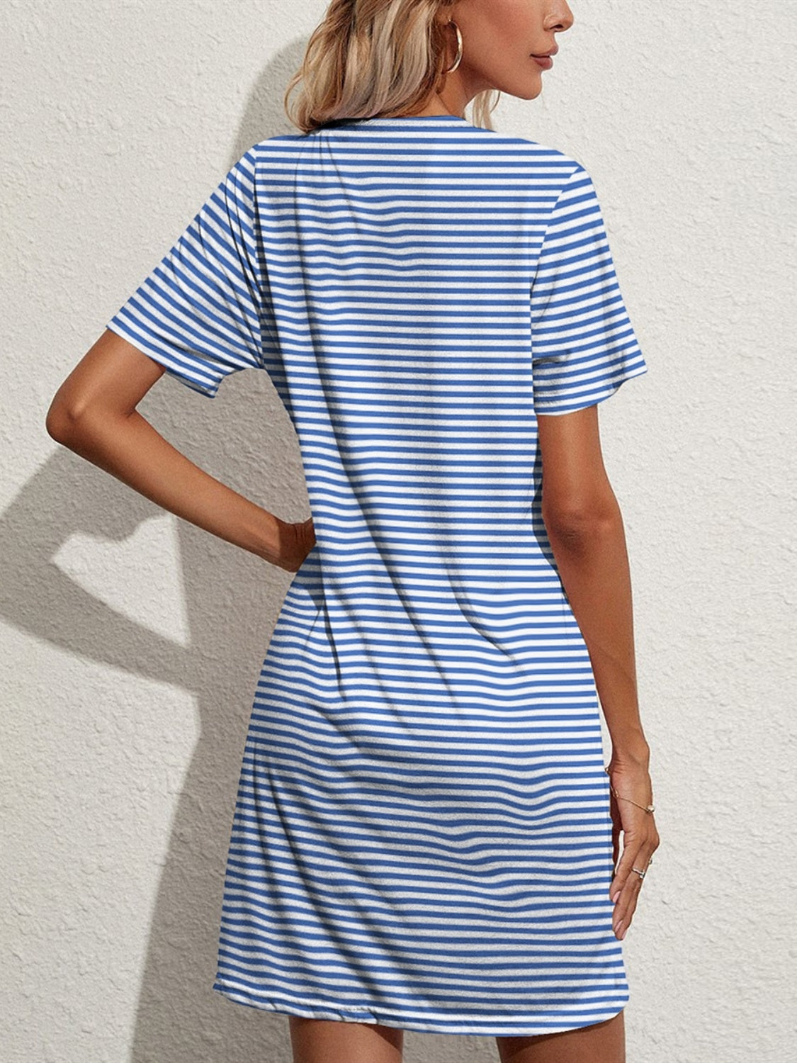 FAM-FAM Pocketed Striped Round Neck Short Sleeve Dress-Bella Boutique Collective