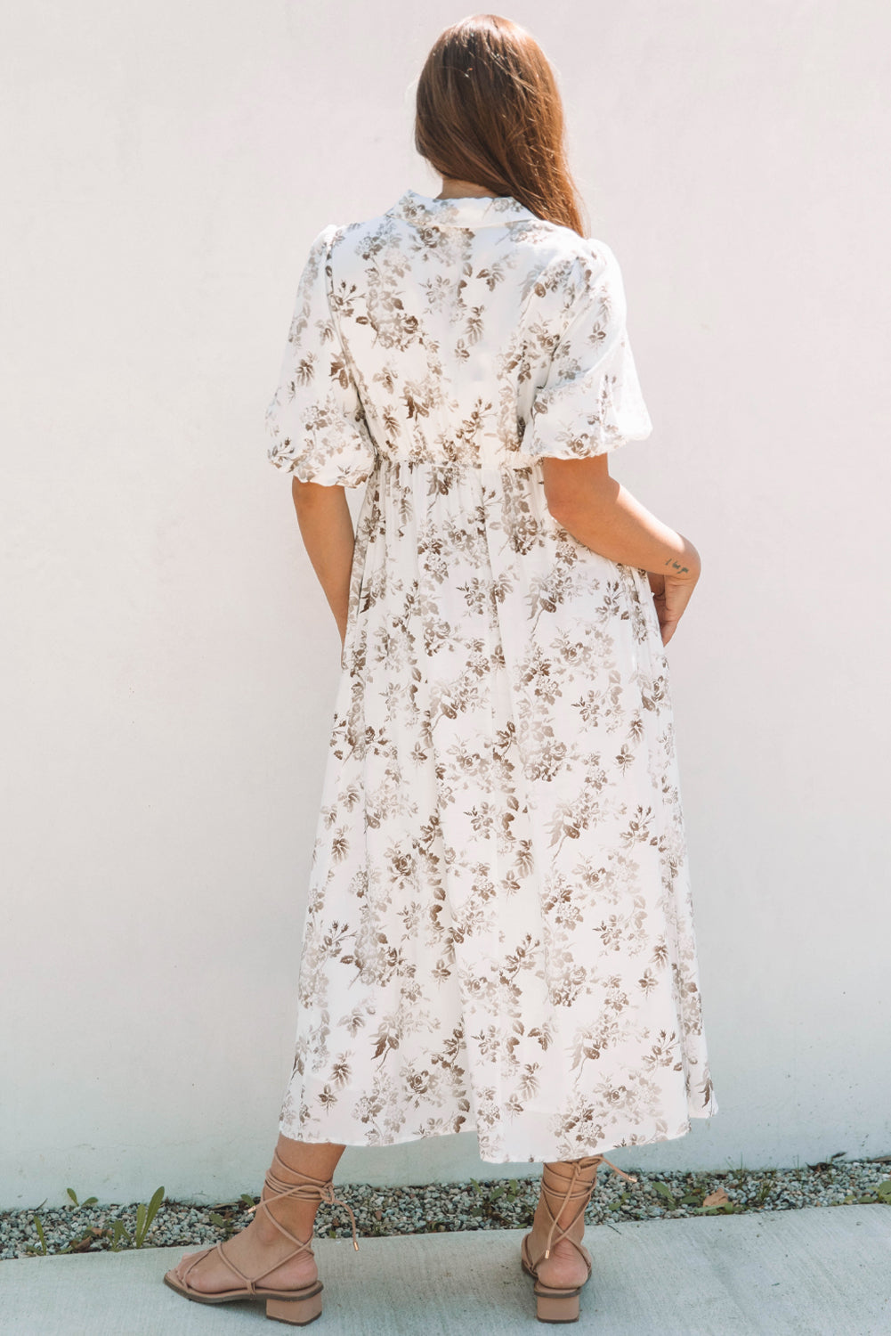 Khaki Floral Puff Sleeve V Neck Buttoned Front Maxi Dress-Bella Boutique Collective