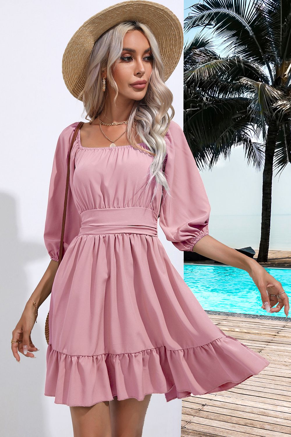 Square Neck Tie Back Ruffle Hem Dress-Bella Boutique Collective