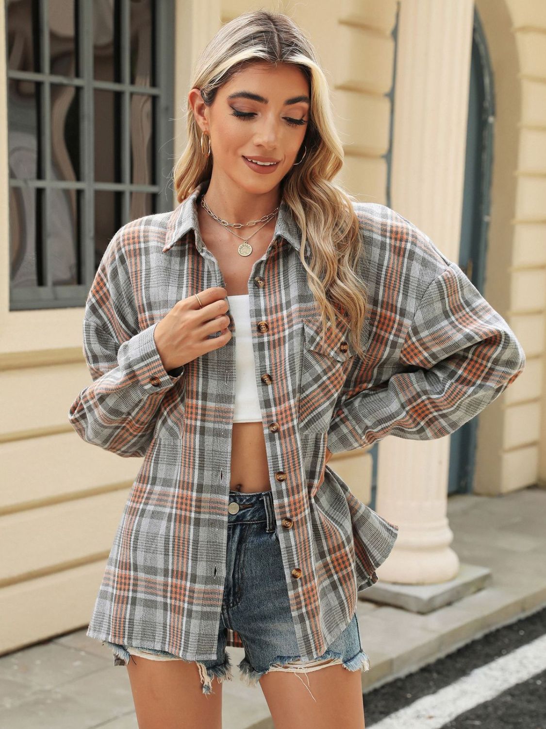 Pocketed Plaid Collared Neck Long Sleeve Shirt-Bella Boutique Collective