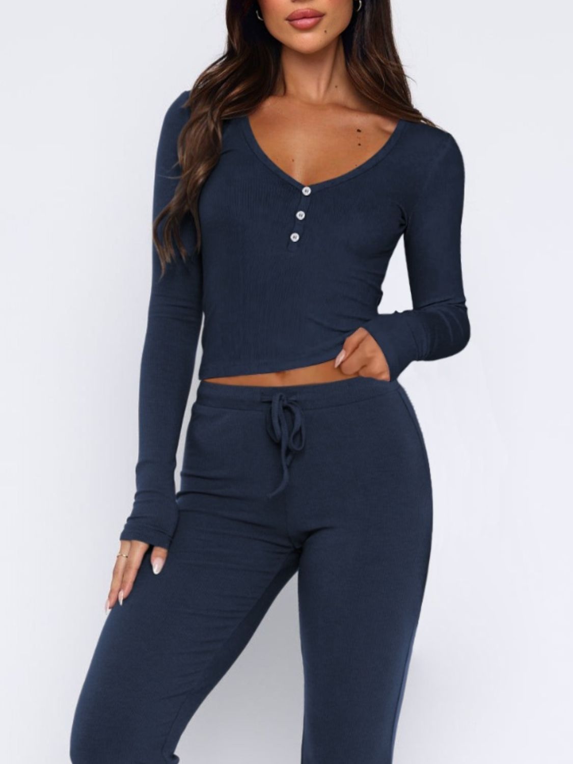 V-Neck Long Sleeve Top and Pants Set-Bella Boutique Collective