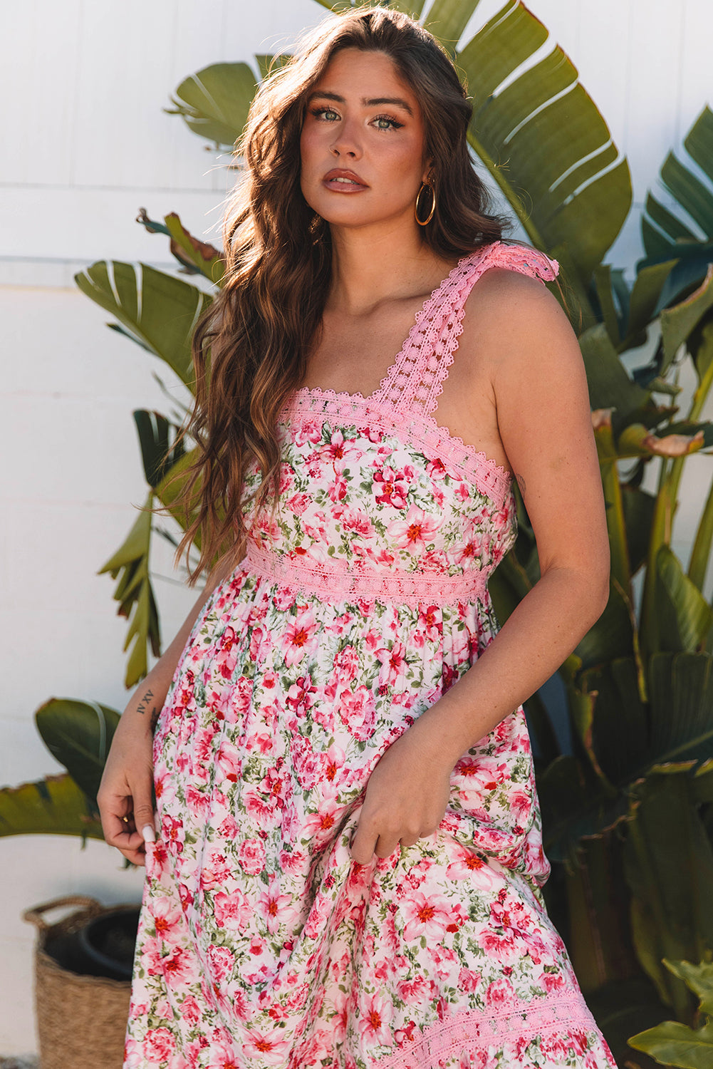 Pink Floral Lace Tied Strap Empire Waist Maxi Dress-Bella Boutique Collective
