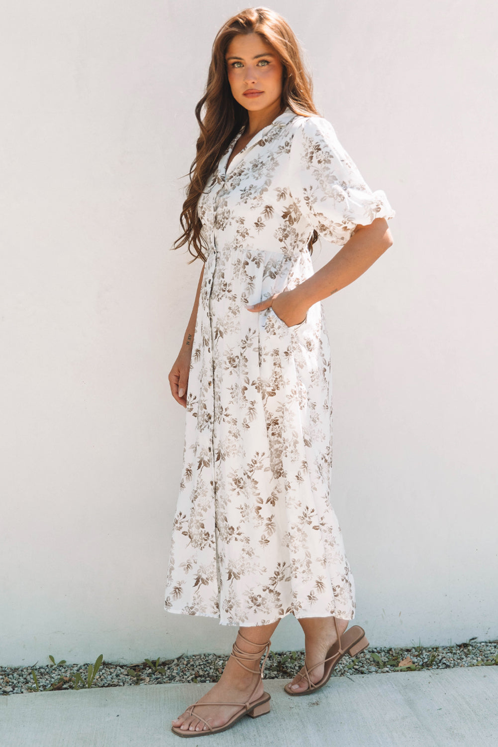 Khaki Floral Puff Sleeve V Neck Buttoned Front Maxi Dress-Bella Boutique Collective