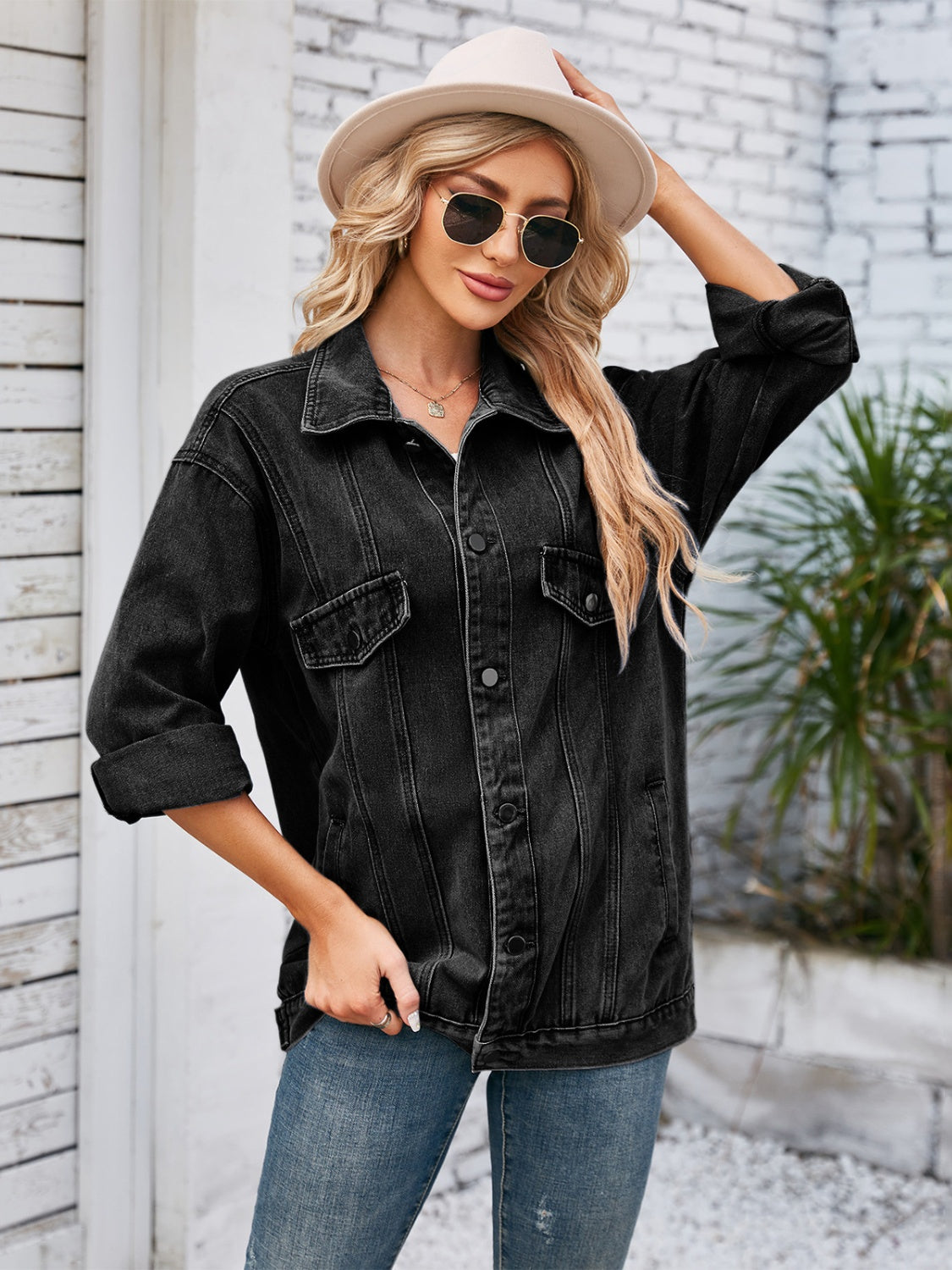 Button Up Long Sleeve Denim Jacket-Bella Boutique Collective
