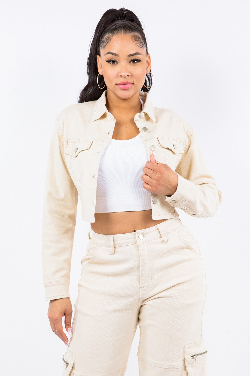 American Bazi Laced Back Cropped Jacket-Bella Boutique Collective