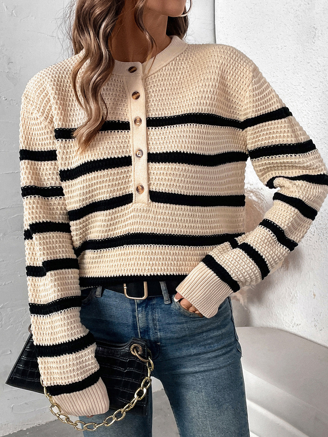 Perfee Striped Half Button Long Sleeve Sweater-Bella Boutique Collective
