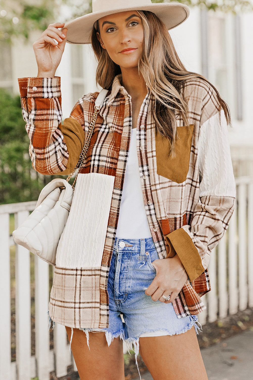 Orange Plaid Color Block Patchwork Shirt Jacket with Pocket-Bella Boutique Collective