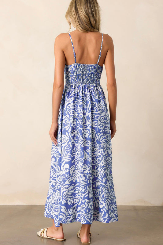 Sky Blue Floral Print Spaghetti Strap High Waist Maxi Dress-Bella Boutique Collective