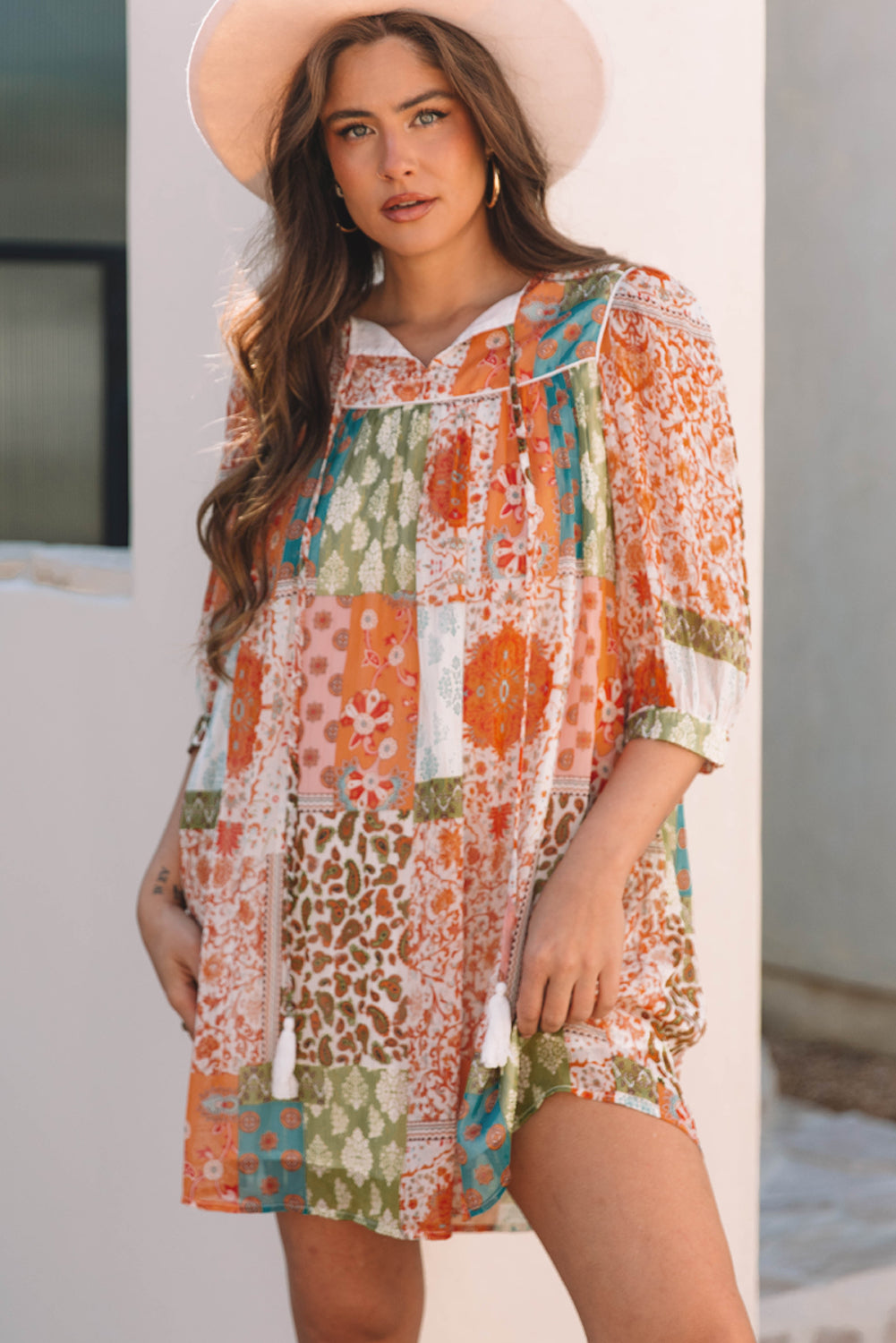 Orange Boho Paisley Mixed Print 3/4 Sleeve Chiffon Loose Dress-Bella Boutique Collective
