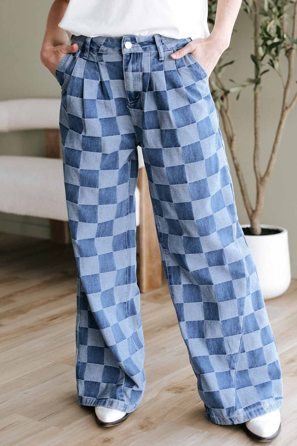 Dusk Blue Checkered Denim Wide Leg Jeans-Bella Boutique Collective