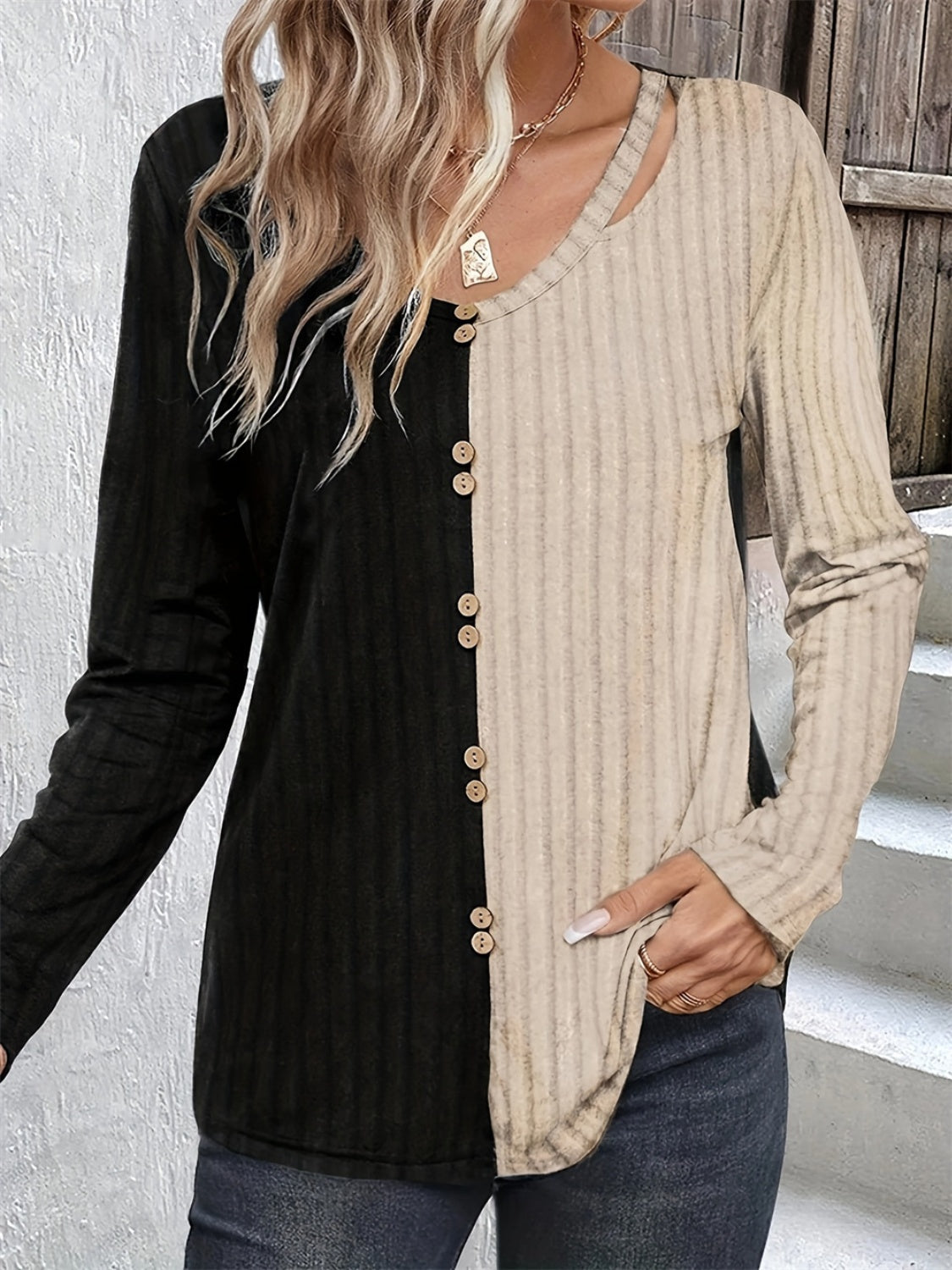 Decorative Button Contrast Round Neck Long Sleeve T-Shirt-Bella Boutique Collective
