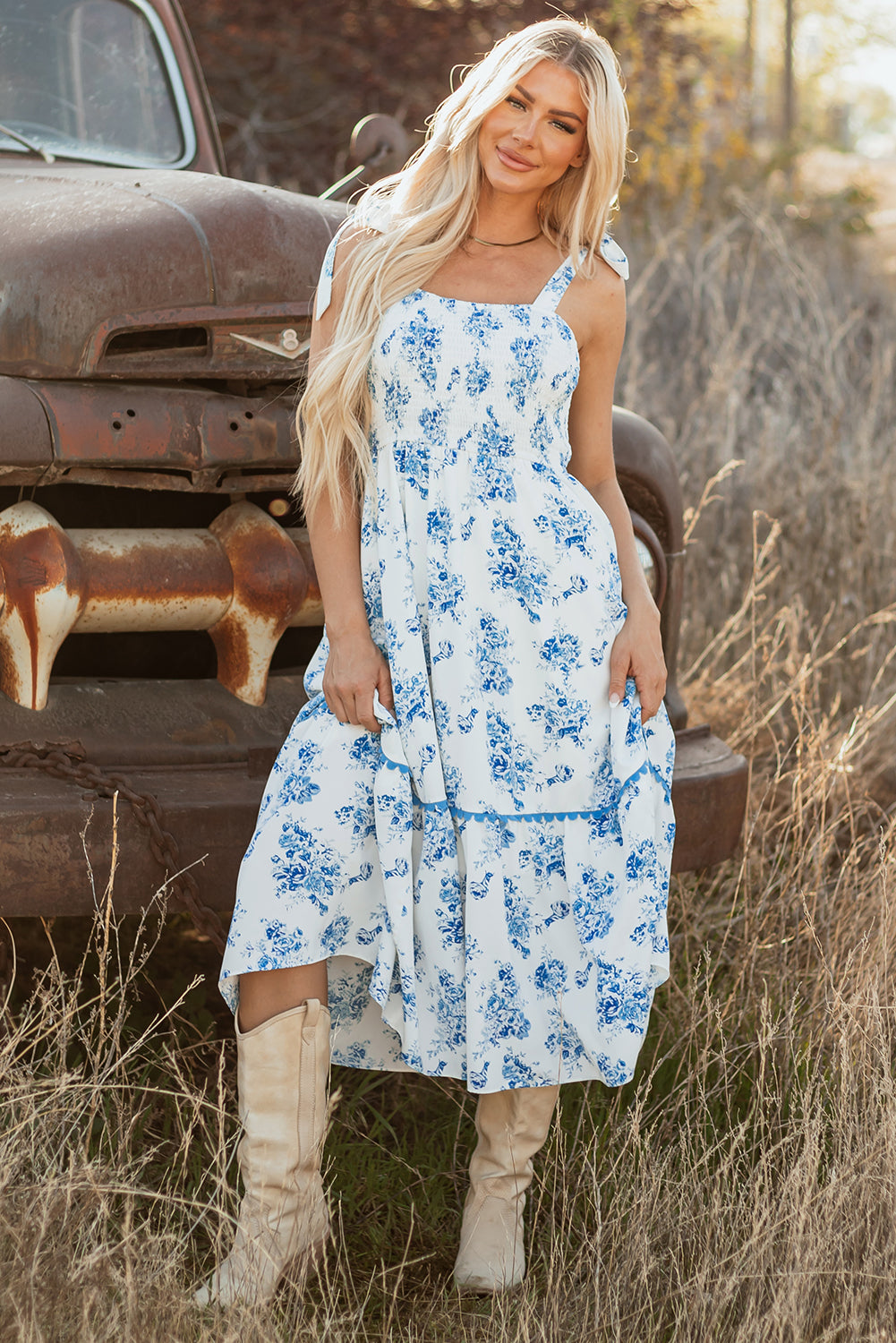 Sky Blue Floral Print Shirred Knot Shoulder Sleeveless Long Dress-Bella Boutique Collective