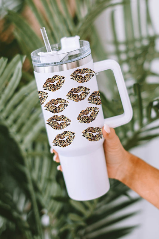 White Valentine Leopard Lips Print Thermos Cup with Straw 40oz-Bella Boutique Collective