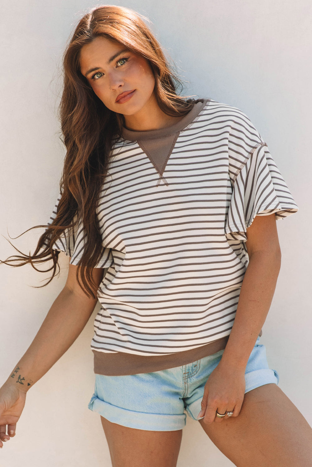 Parchment Contrast Detail Striped Ruffle Short Sleeve Top-Bella Boutique Collective