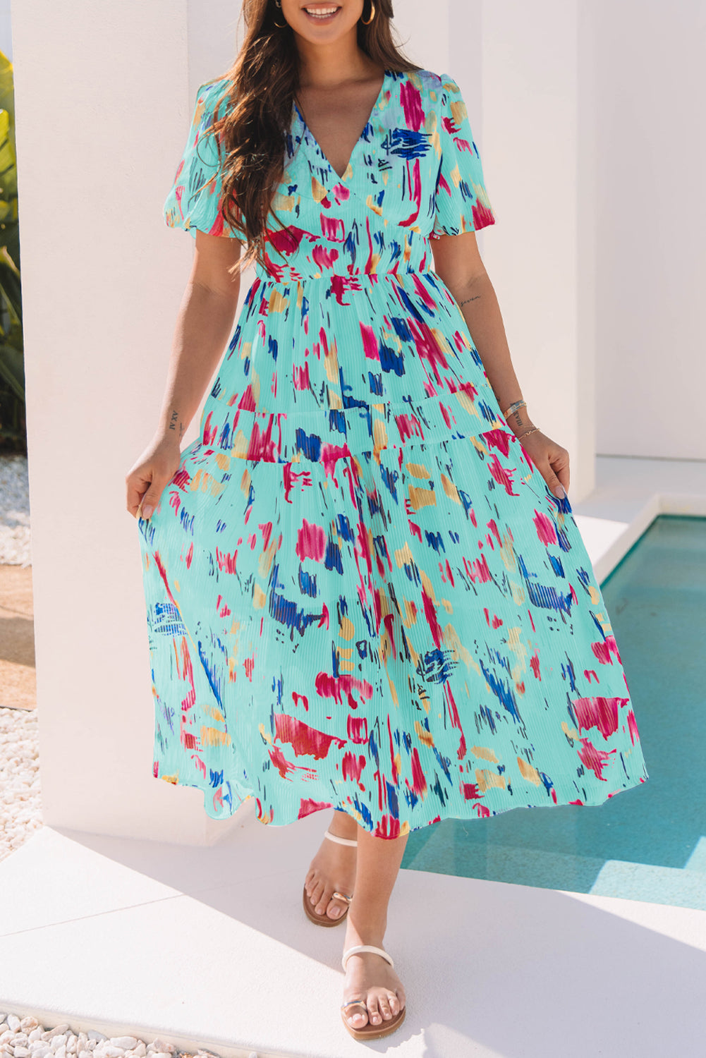 Sky Blue Abstract Print Short Puff Sleeve Tiered Maxi Dress-Bella Boutique Collective