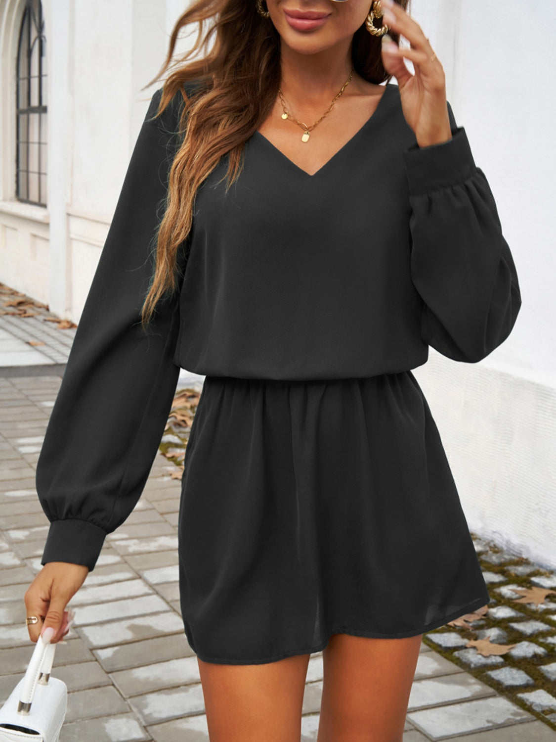 Devine Cutout V-Neck Long Sleeve Mini Dress-Bella Boutique Collective