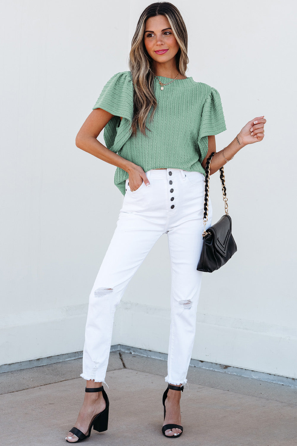 Moonlight Jade Solid Color Textured Flutter Sleeve Top-Bella Boutique Collective