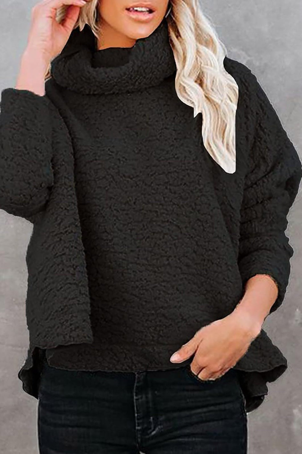 Fuzzy Turtleneck Long Sleeve Sweatshirt-Bella Boutique Collective