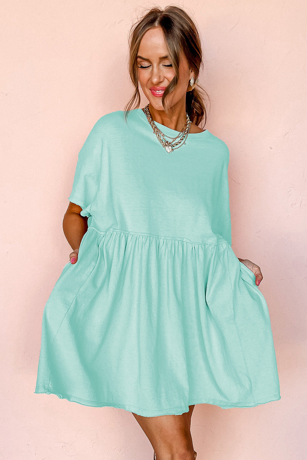 Moonlight Jade Solid Color Pocketed Raw Edge Babydoll Dress-Bella Boutique Collective