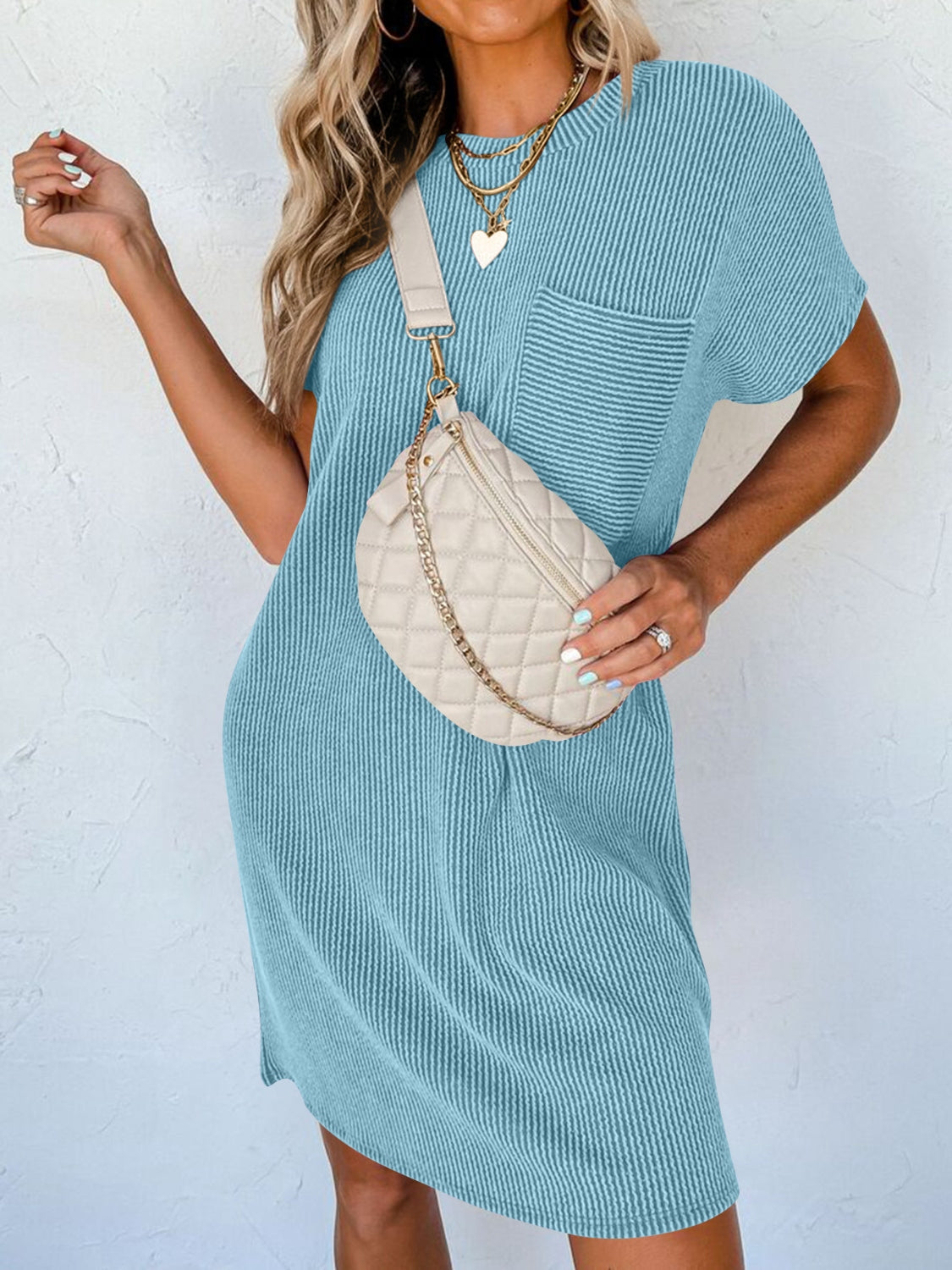Lovelet Round Neck Short Sleeve Mini Dress-Bella Boutique Collective