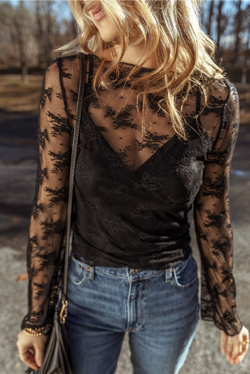 Black Lace Mesh Crochet Splicing Slim Fit Long Sleeve Blouse-Bella Boutique Collective