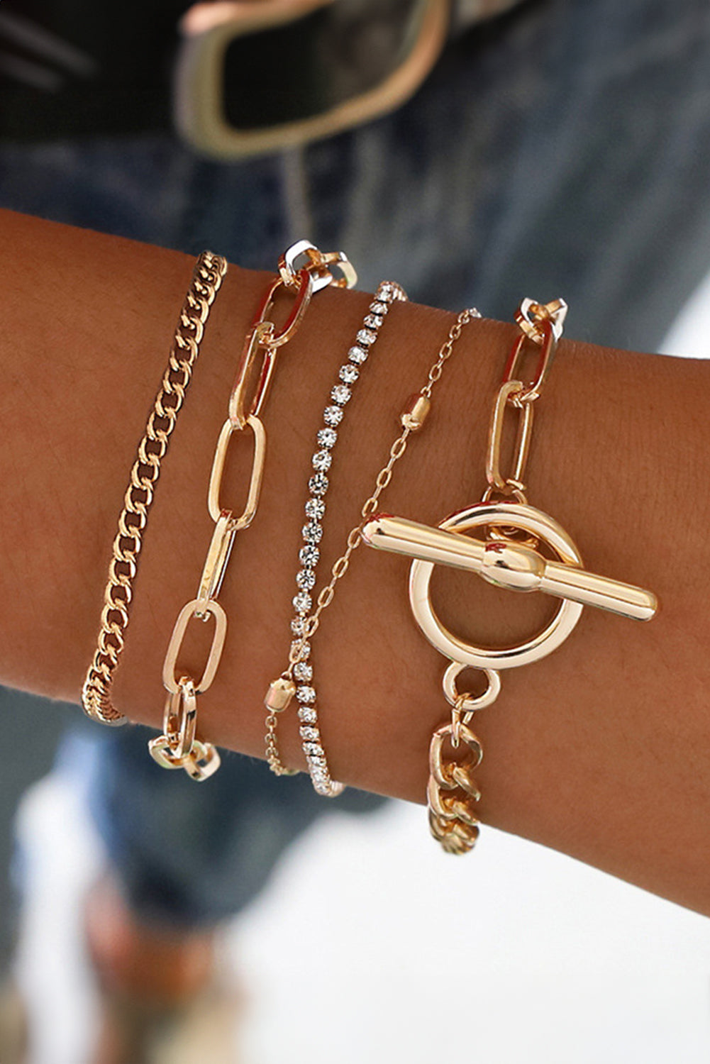 Gold Multi Layered Rhinestone Plated Chain Bracelet Set-Bella Boutique Collective