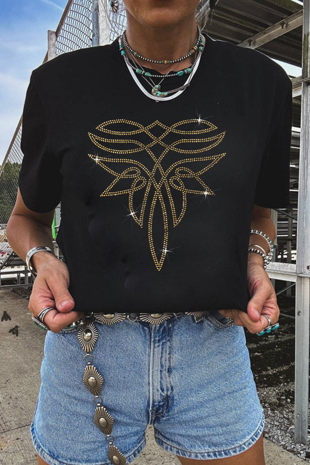 Black Rhinestone Western Pattern Cotton Blend Graphic T Shirt-Bella Boutique Collective