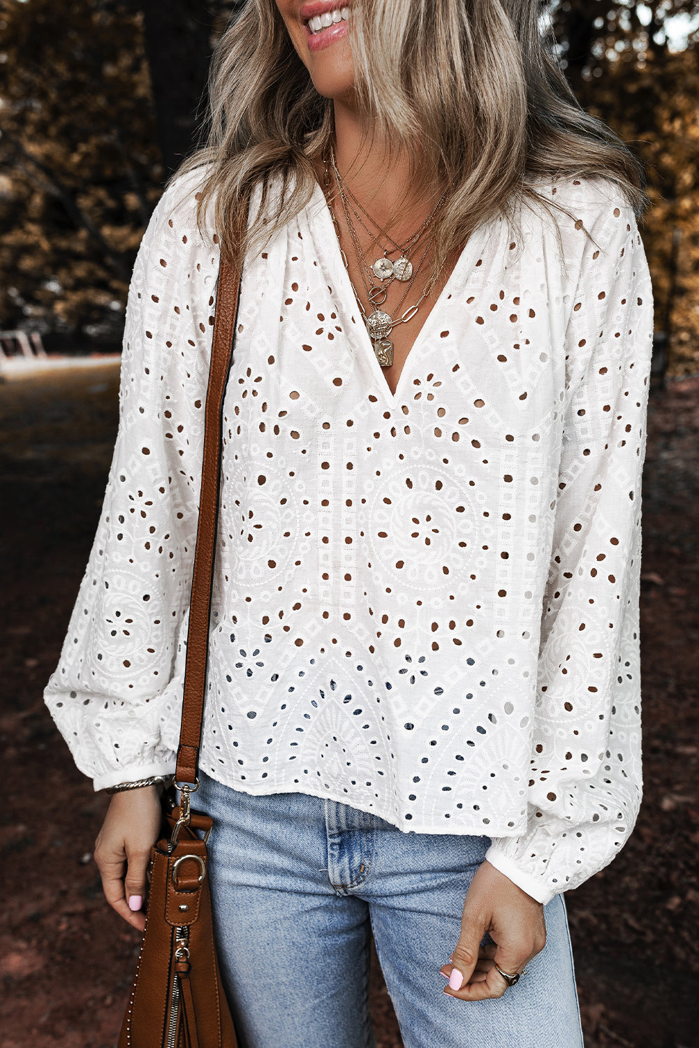 White Eyelet Embroidered Puff Sleeve V Neck Blouse-Bella Boutique Collective