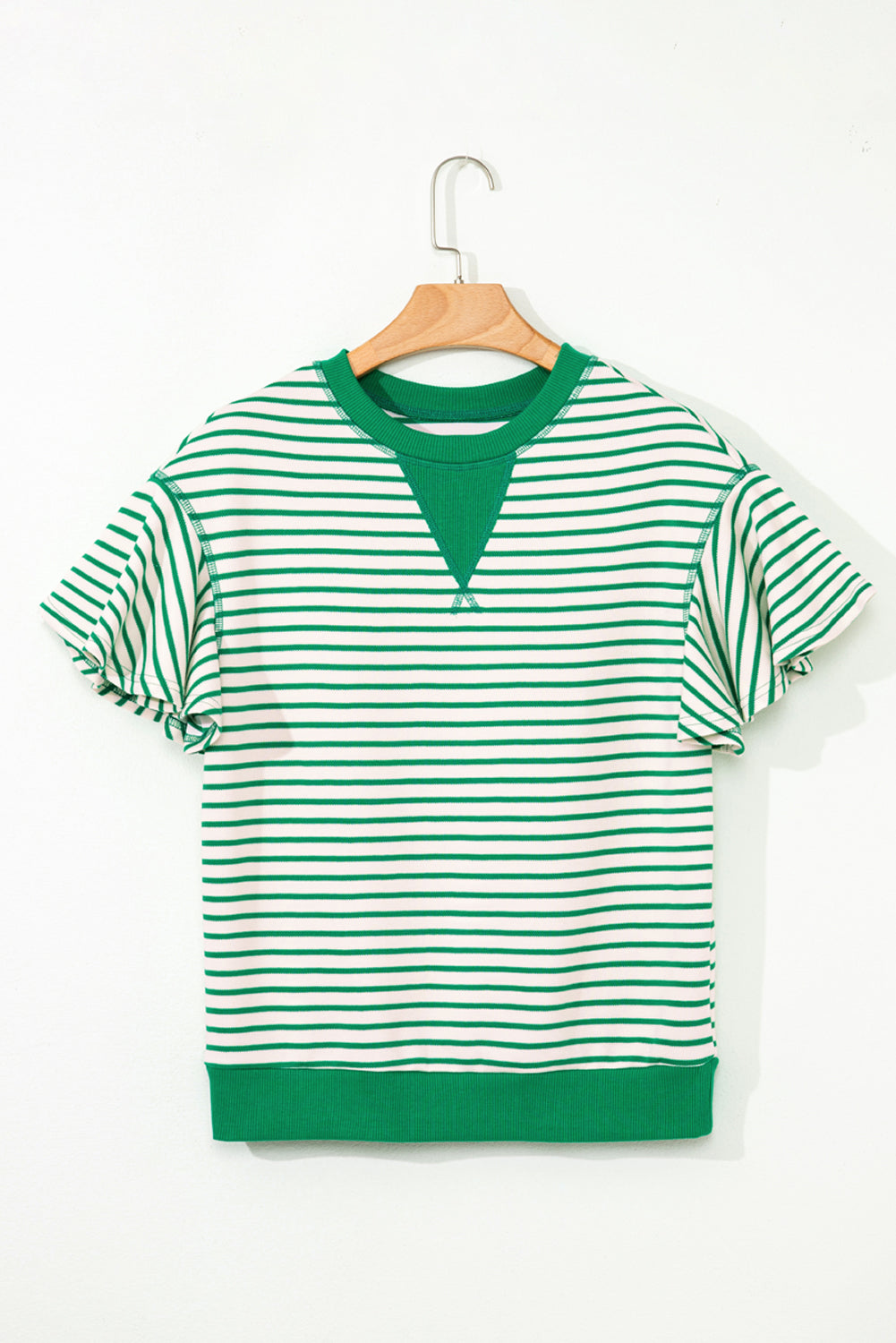 Bright Green Contrast Detail Striped Ruffle Short Sleeve Top-Bella Boutique Collective