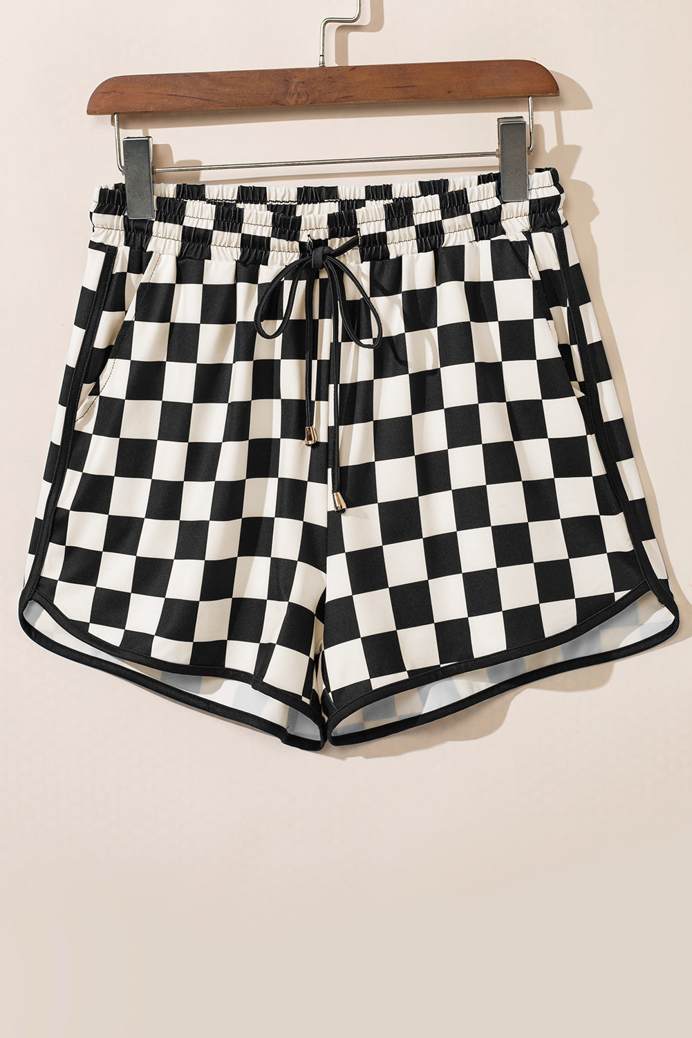 Black Checkered Drawstring Elastic Waist Casual Shorts-Bella Boutique Collective