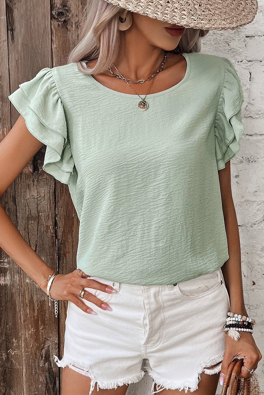 Clearly Aqua Solid Color Ruffled Short Sleeve Casual Blouse-Bella Boutique Collective
